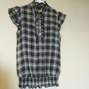 Plaid Banded Blouse with Buttons & Ruffles